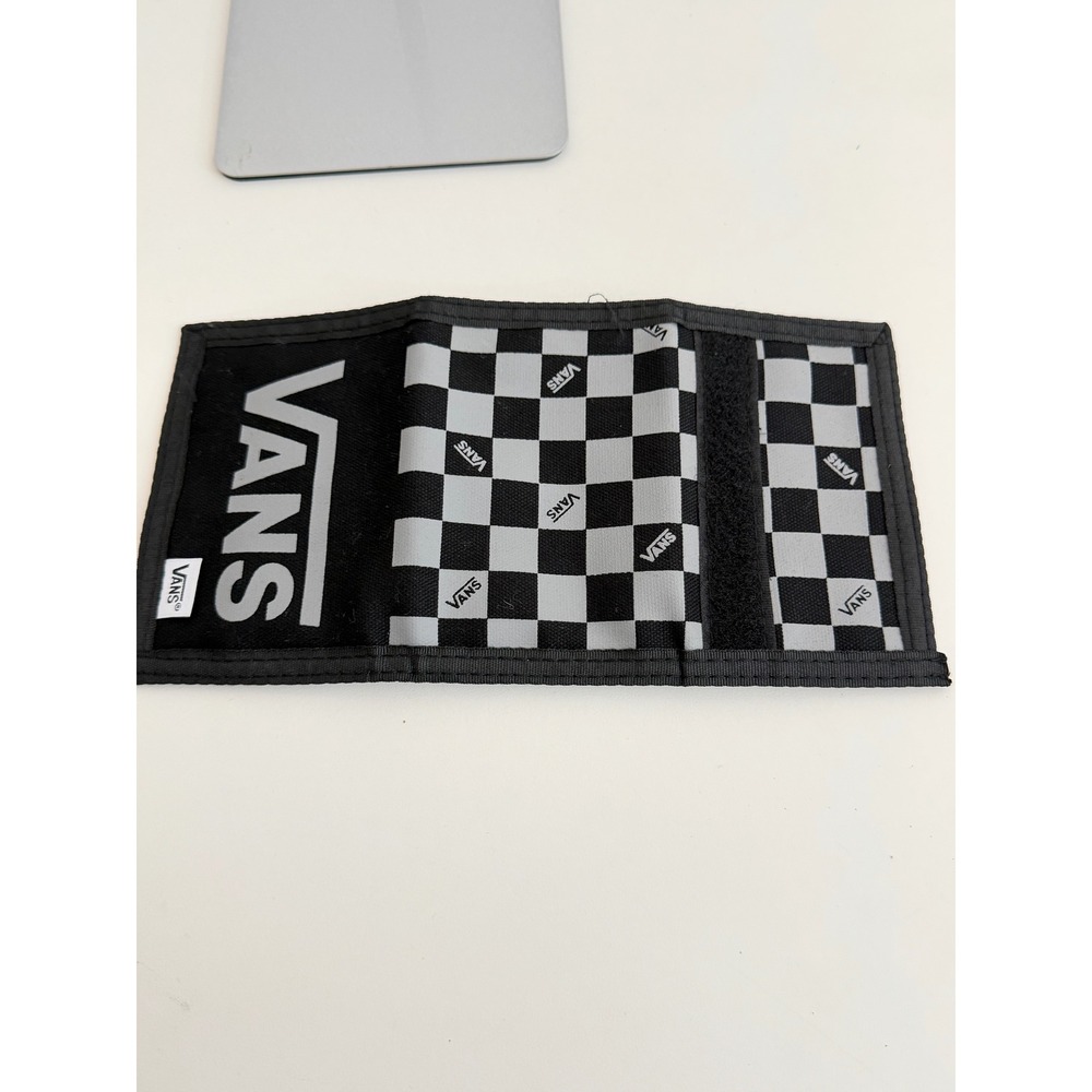Vans Slipped Trifold Wallet Black Grey Checkerboard Canvas Logo Hook and Loop